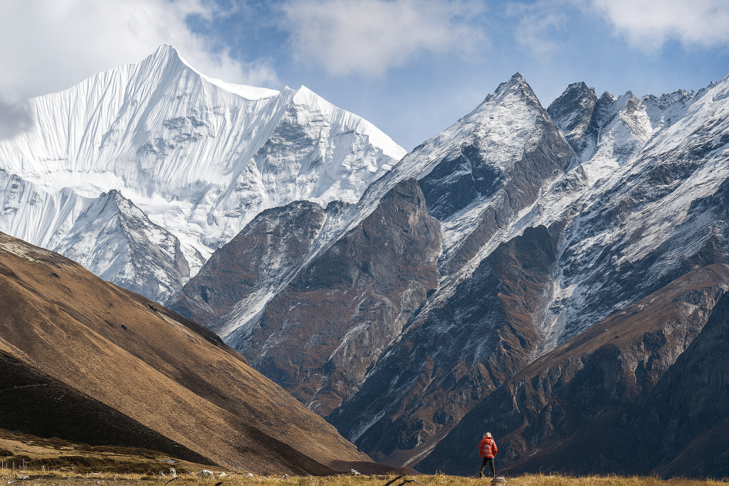 Trekker in red jacket walking in Langtang National Park with snow-capped Himalayan peaks in the background