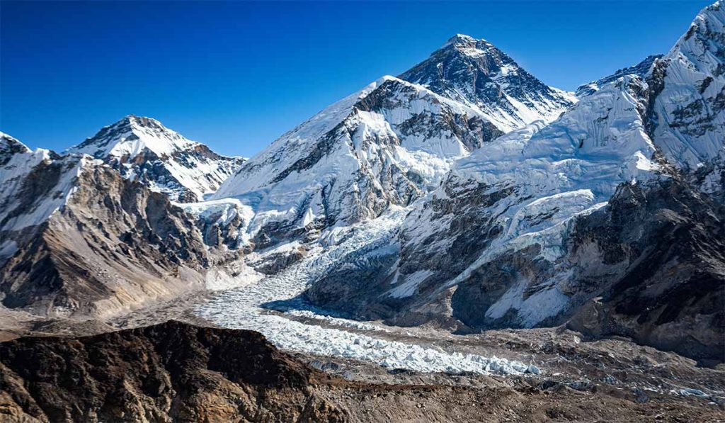 Panoramic view of Khumbu Glacier with surrounded by Himalayans and Sagarmatha on the background