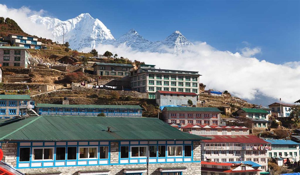 Namche Bazaar village with majestic Mt. Thamserku in the background