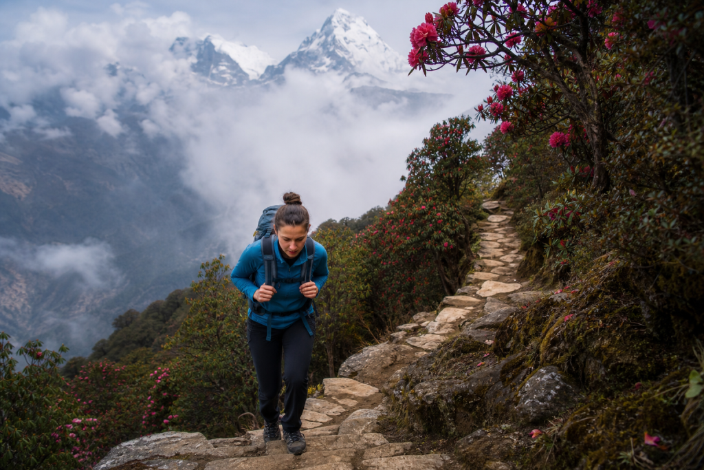 Hiker climbing a stone mountain trail above the clouds with snow-capped peaks in the background